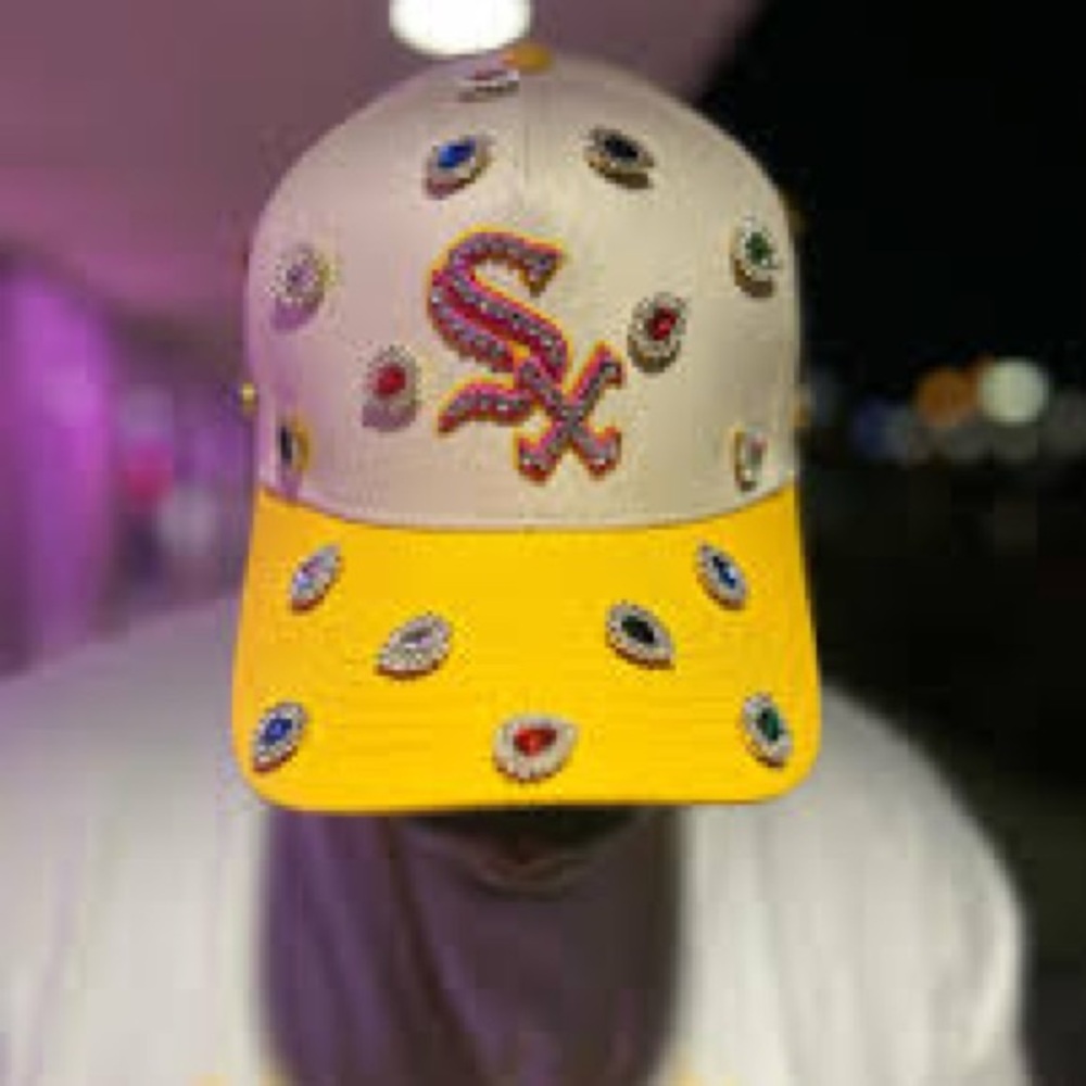 Embellished Yellow and White Cap